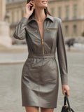 Women's Gray Office Lady Faux Leather ‌waist-cinching Style Dress