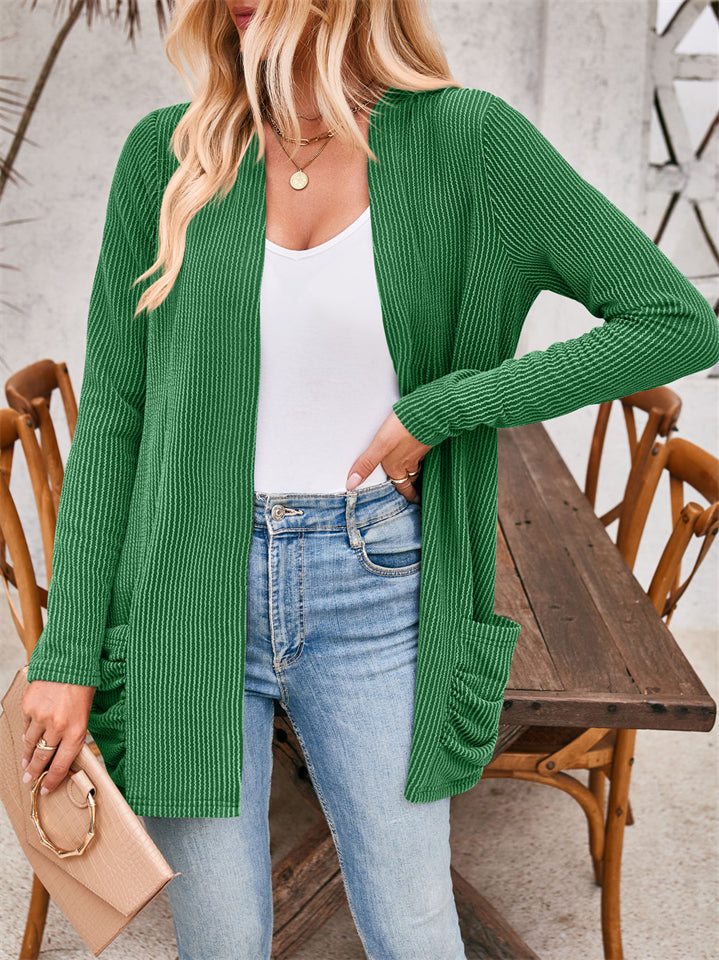 Women's Solid Color Stripe Long Sleeve Cardigan Sweater