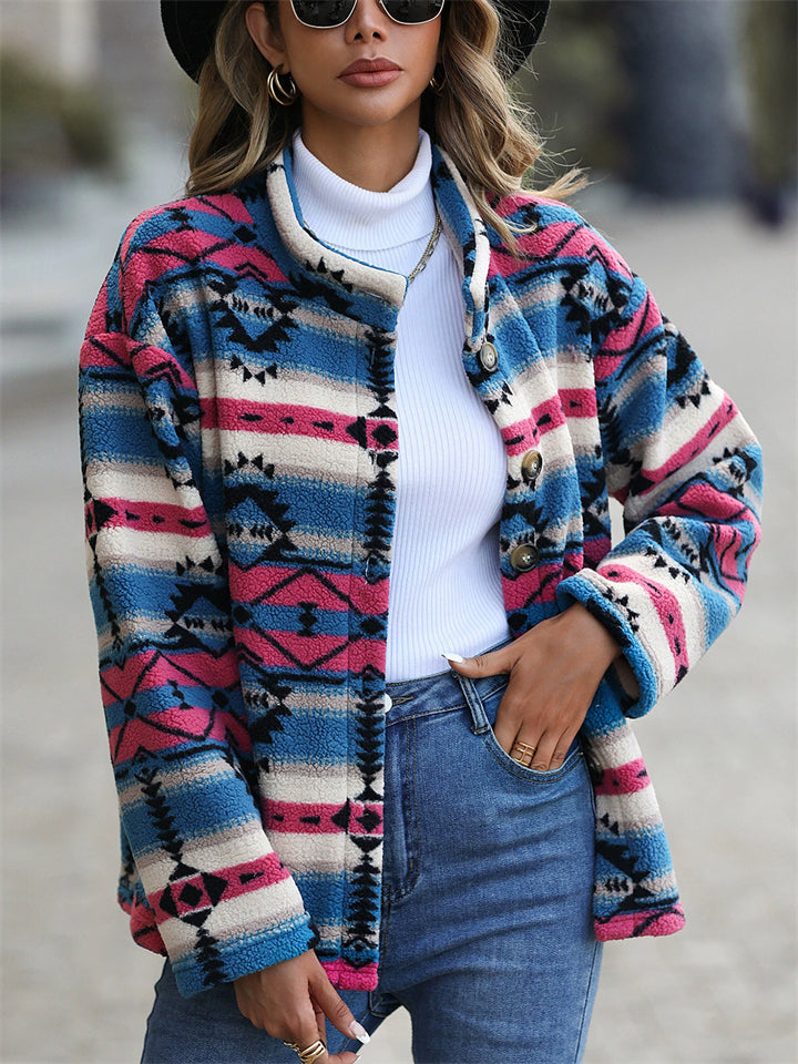 Women's Autumn Contrast Color Button Up Geometric Pattern Fleece Coats