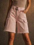 Women Pink High Waisted Frayed Hem Belt Denim Cargo Shorts