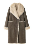 Women's Brown Winter Fluffy Trim Cardigan Reversible Garment Coats