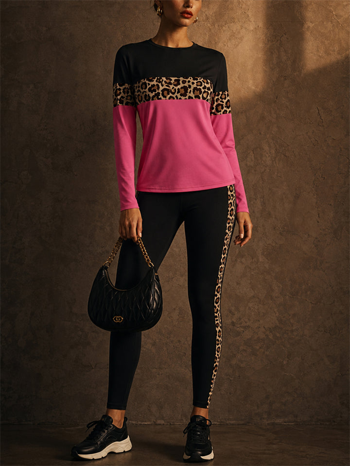 Women 2 Piece Leopard Color Block Long Sleeve Leggings Set