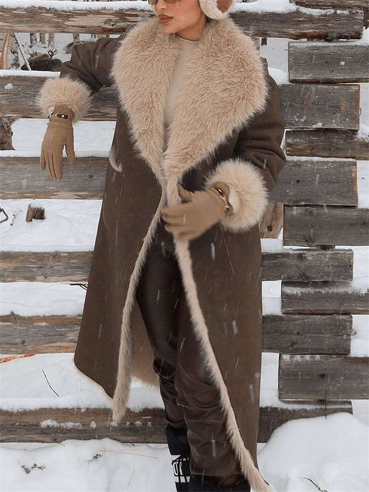 Women's Brown Winter Fluffy Trim Cardigan Reversible Garment Coats