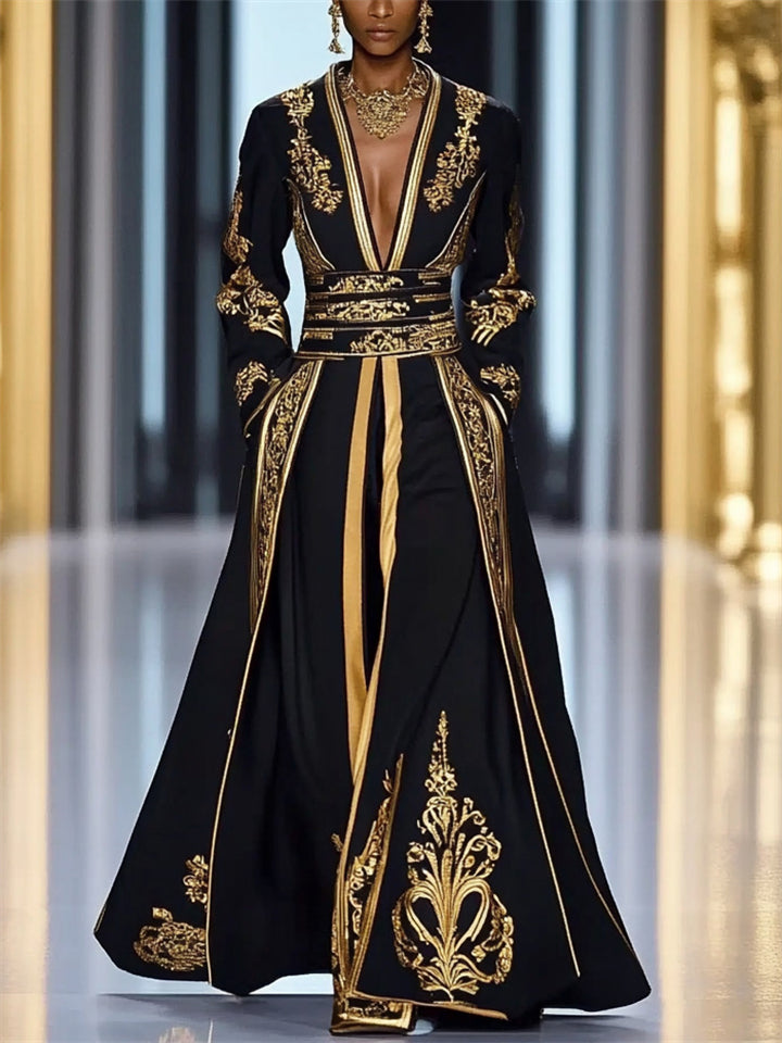 Women's Black Contrast Color Printed Slim Fit V Neck Maxi Dress