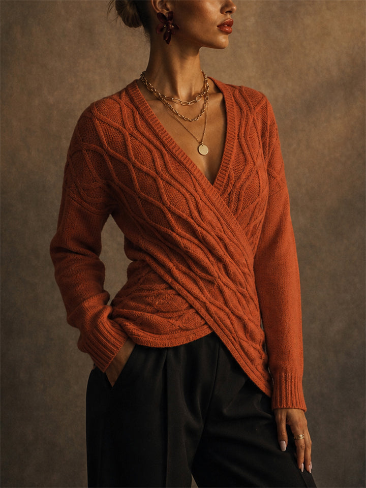 Women Stylish Wrap V Neck Cable Knit Pullover Sweaters