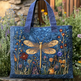 Blue Floral Golden Dragonfly Quilted Tote Bags