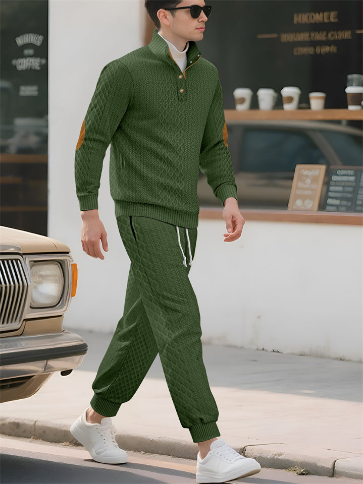 Men's Casual Contrast Color Texture Jacquard Drawstring Sweatshirts & Sweatpants Outfit