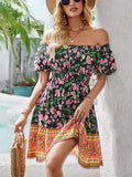 Bohemian Off Shoulder Puff Sleeve Print Beach Dress for Lady