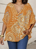 Plus Size Women's Summer Boho Style Print V Neck Short Sleeve Shirt