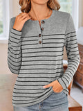 Women's Contrast Color Stripe Quarter Button Long Sleeve T-Shirt