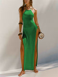 Female Sexy Split Beachwear Halter Neck Knit Cover-up Dress