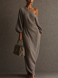 Women's Chic Elegant One Shoulder Maxi Dress with Bubble Sleeve