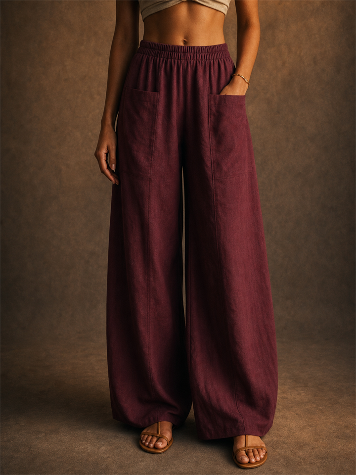 Women Summer Elastic High Waist Wide Leg Pants with Pockets
