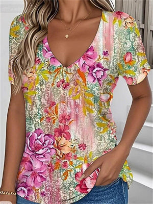 Women's Casual Floral Printed Contrast Color V Neck Short Sleeve T-Shirt