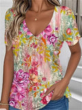 Women's Casual Floral Printed Contrast Color V Neck Short Sleeve T-Shirt