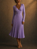 Women Elegant Wrap Ribbed Knit Long Sleeve Pleated Midi Dress
