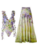 Women's French Style 3D Flower Strappy Swimsuit and Maxi Skirt Set