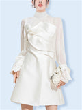 Women's White Long Sleeve Semi High Neck Patchwork Dress