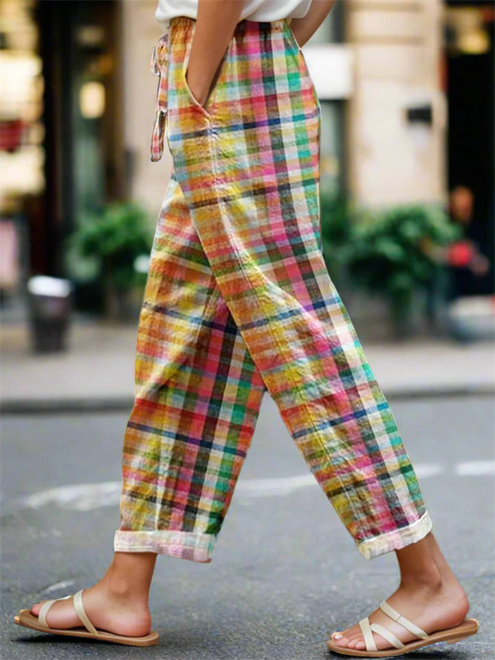 Women's Summer Contrast Color Plaid Drawstring Pants
