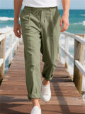 Men's Casual Linen Solid Color Drawstring Straight Trousers