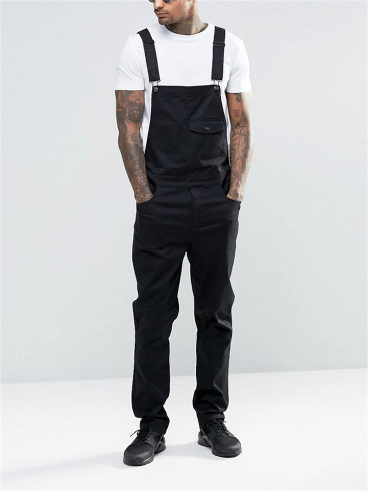 Men's Slim Trendy Solid Color Denim Overalls Jumpsuits