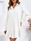 Women's Cotton Solid Color Pockets Long Sleeve Ruffled Hem Blouses