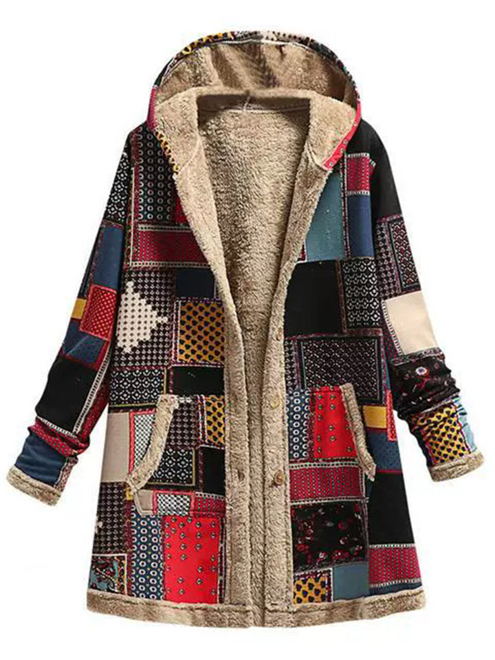 Women's Vintage Plaid Color Block Patchwork Fleeced Lining Hooded Coats