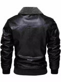 Men's Detachable Collar Faux Leather Biker Jacket Winter Motorcycle Riding Outerwear