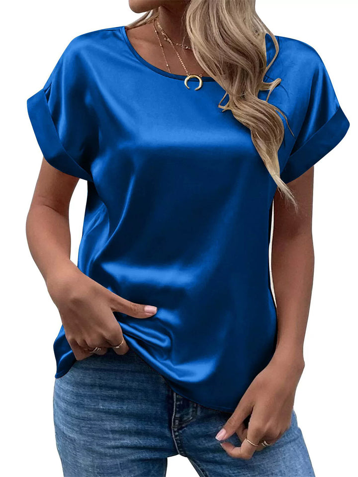 Women's Summer Simple Satin Solid Color Round Neck Short Sleeve Shirts