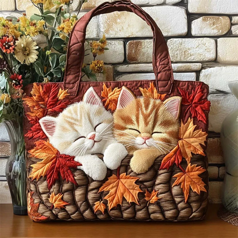 Women's Kitty Autumn Leaves Quilted Tote Bags