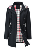 Women's Autumn Contrast Color Drawstring Waist Plaid Lining Hooded Trench Coat