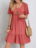 Women's Summer Short Sleeve V Neck Pleated Mini Dress