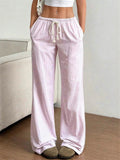 Simple Striped Wide Leg Casual Pants for Women with Drawstring Waist