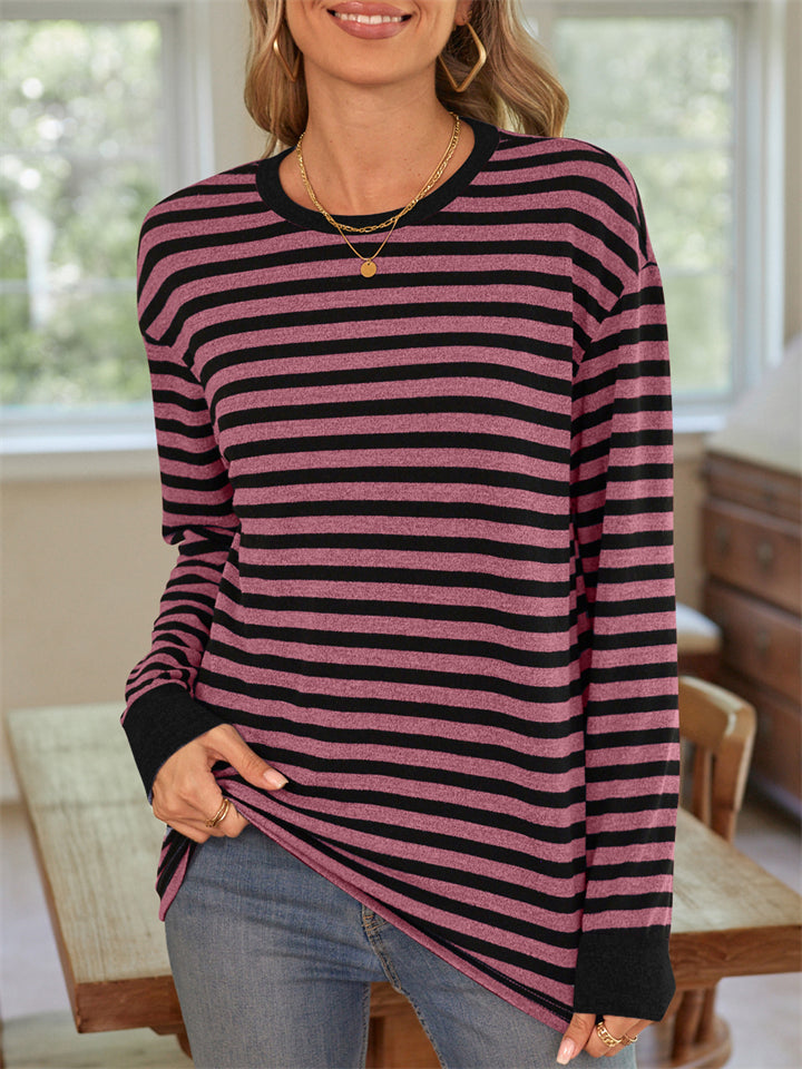 Women's Long Sleeve Casual Stripe Round Neck T-Shirt