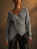 Women Stylish Wrap V Neck Cable Knit Pullover Sweaters