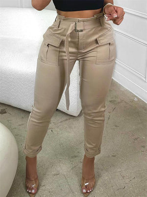 Chic Pure Color Micro-elastic Cargo Trouser for Women
