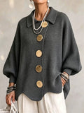 Women Oversized Knit Cardigan Gold Button Collared Sweater