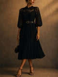 Women Hollowed Lace Puff Sleeve Belted Pleated Formal Midi Dress
