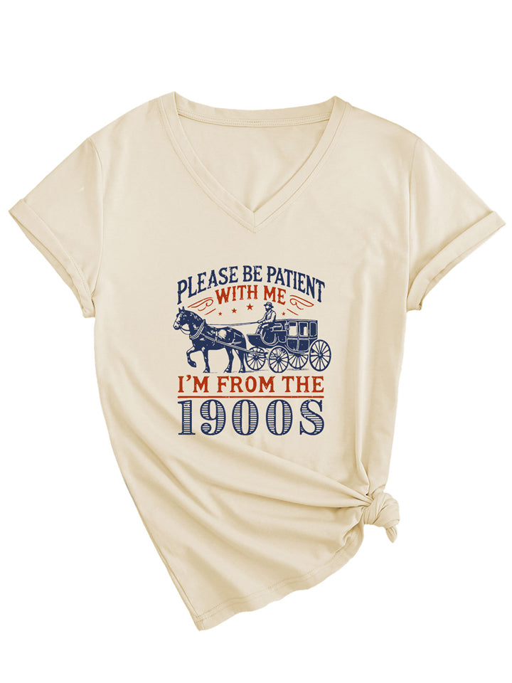 Women's PLEASE BE PATIENT Letter Print V Neck Short Sleeve Shirts