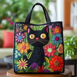Adorable Black Cat and Flowers Quilted Tote Bag
