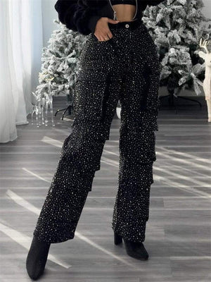 Women's Bling Bling Rhinestone Studded Cargo Denim Jeans