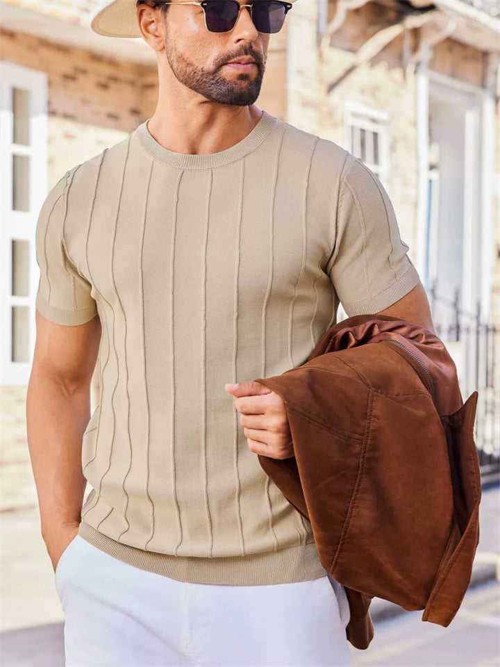 Men's Round Neck Short Sleeve Ribbed Casual T-Shirt
