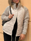 Women's Solid Color Rhombic Texture Patchwork High Neck Cardigan Coats