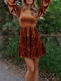Women's Elegant Velvet Ruffle Round Neck Balloon Sleeve Dress