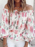 Women’s Sweet Off Shoulder Puff Sleeve Floral Chiffon Shirt