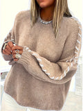 Women's Simple Contrast Trim Round Neck Drop Shoulder Sweater