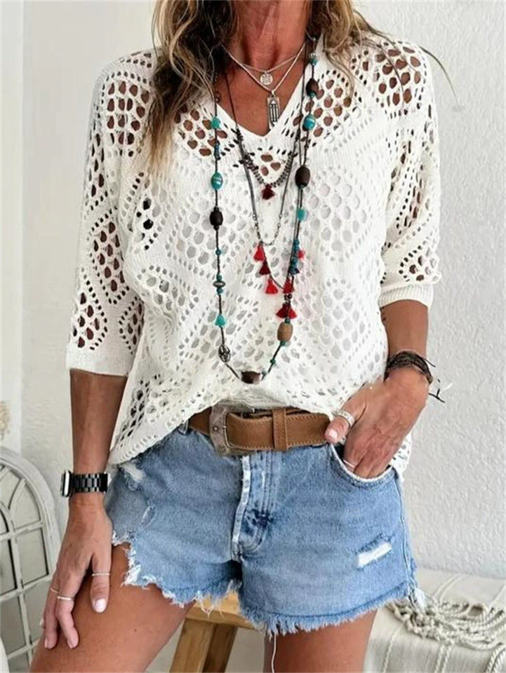 Women's Summer Boho Crochet Hollow Out V Neck Knit Beach Top