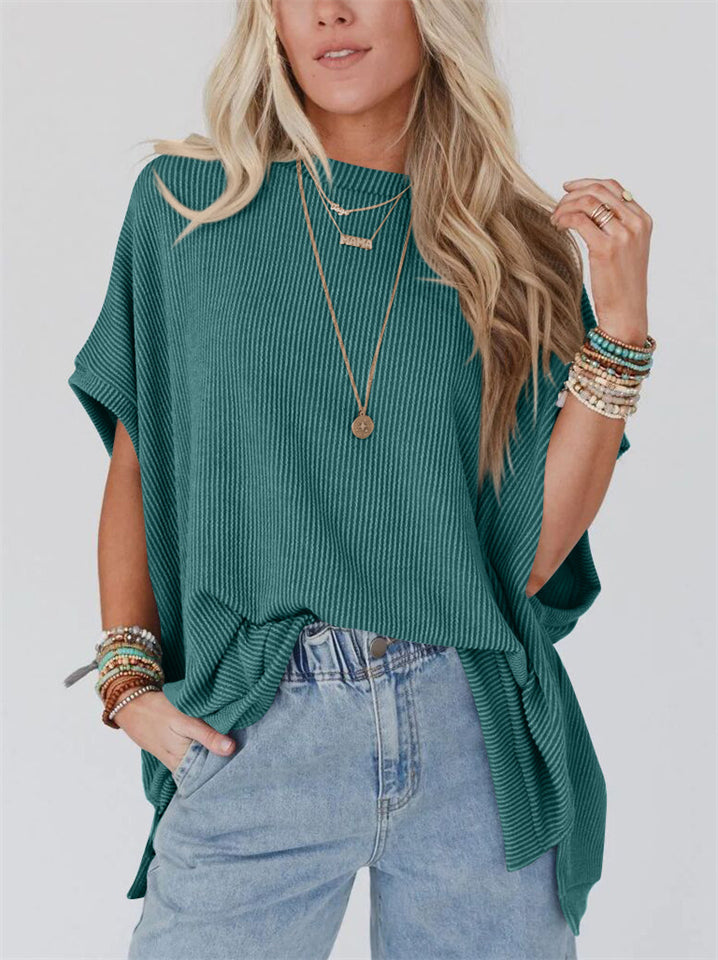 Women's Summer Solid Color Stripe BatWing Sleeve T-Shirt