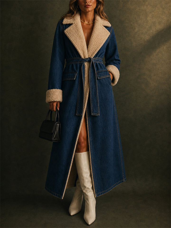 Women Long Sherpa Lined Denim Belted Winter Maxi Coats