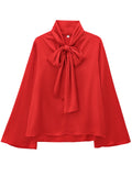 Women's Solid Color Lace Up Tie-neck Long Sleeve Casual Blouses